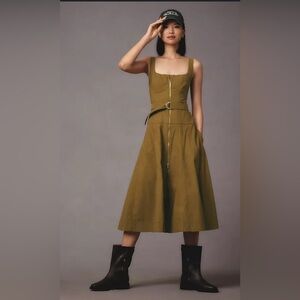 Anthropologie Olive Zip Front Midi Dress Sleeveless Small Military - No Belt